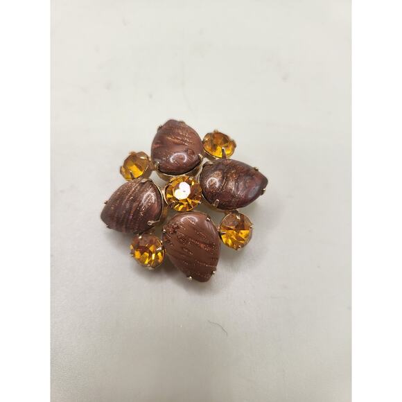 Vintage 1950s Amber Rhinestone & Brown Swirl Glass Brooch - Picture 3 of 4
